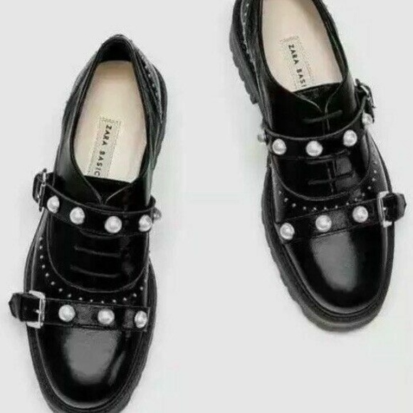 ZARA LEATHER DERBY SHOES W/ PEARLS & STUDS NEW - Picture 2 of 7